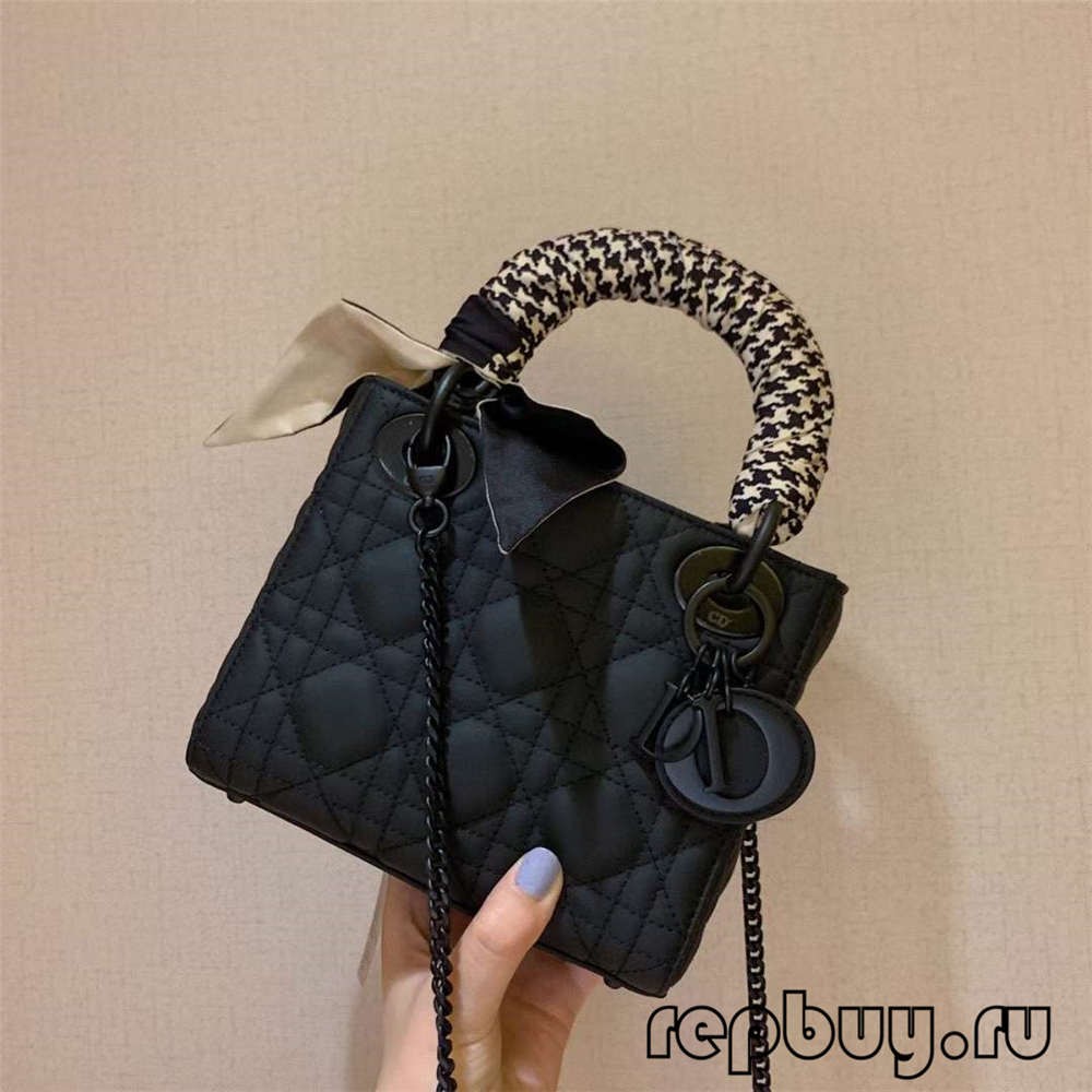 LADY DIOR Mini Black Matte Cowhide Top Replica Handbag with Silk Scarf Effect (2022 Edition)-Best Quality Fake designer Bag Review, Replica designer bag ru