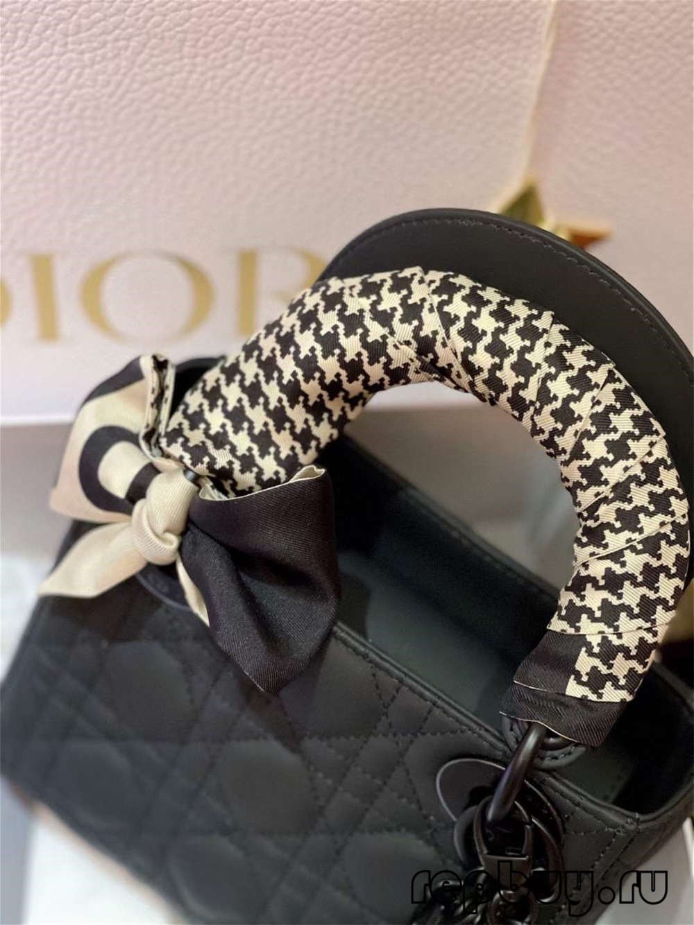 LADY DIOR Mini Black Matte Cowhide Top Replica Handbag with Silk Scarf Effect (2022 Edition)-Best Quality Fake designer Bag Review, Replica designer bag ru